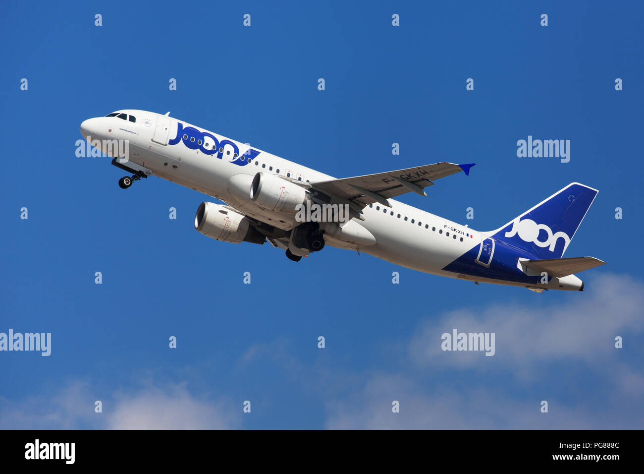 Barcelona, Spain - August 15, 2018: Joon Airbus A320 taking off from El Prat Airport in Barcelona, Spain. Stock Photo