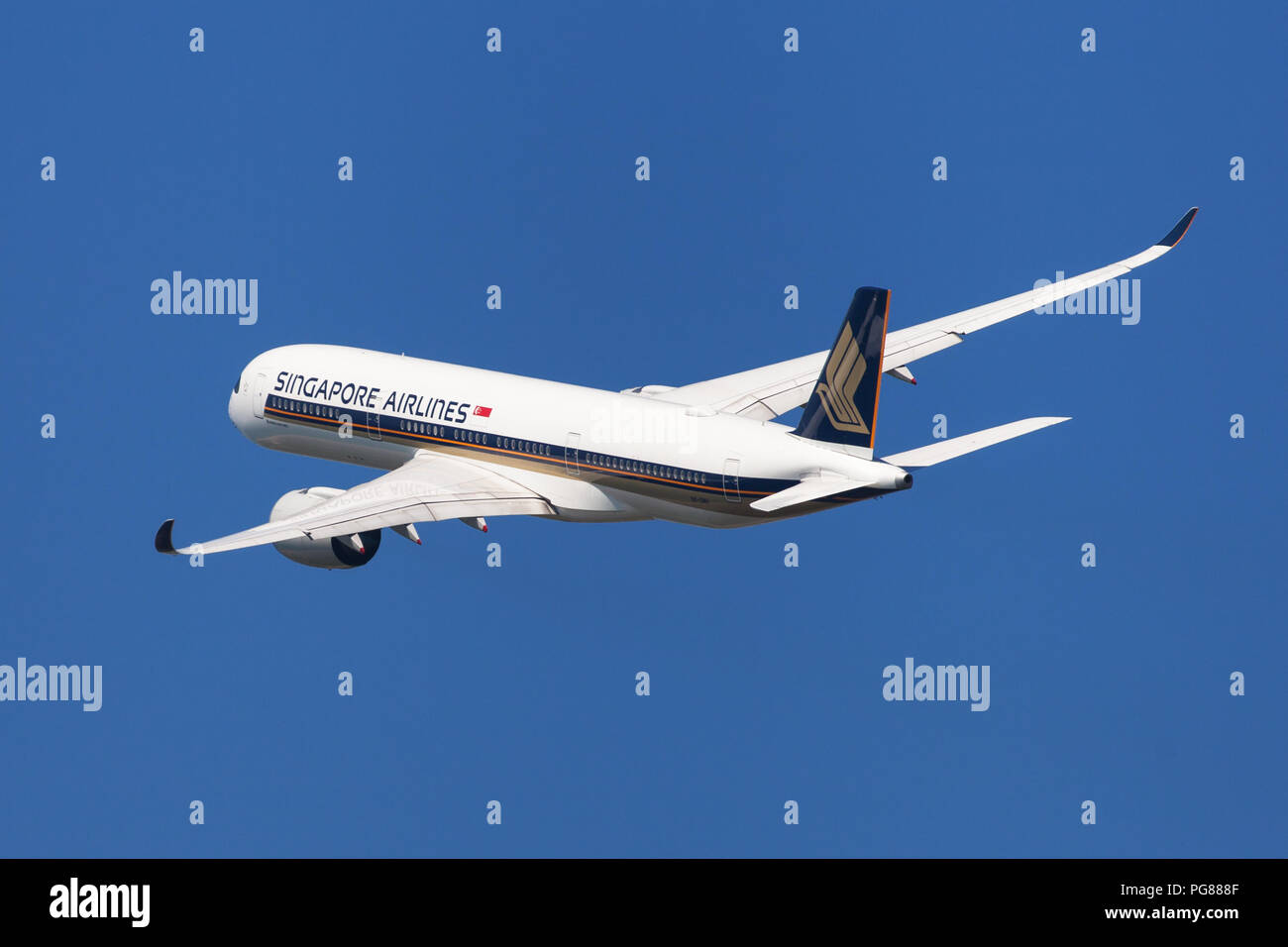 Barcelona, Spain - August 20, 2018: Singapore Airlines Airbus A350-900 banking left after taking off from El Prat Airport in Barcelona, Spain. Stock Photo