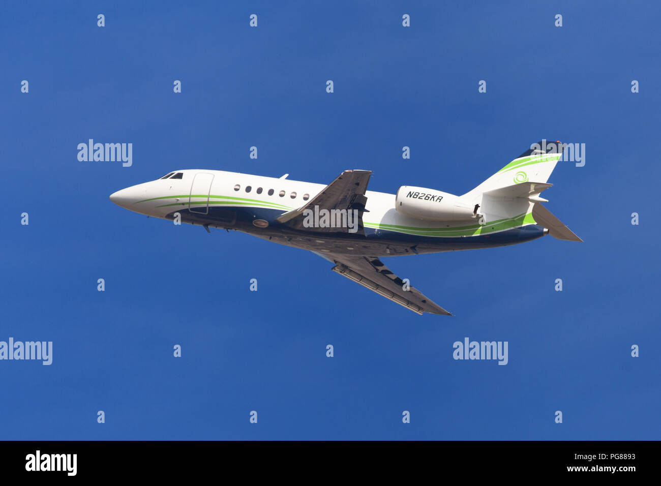 Barcelona, Spain - August 21, 2018: Dassault Falcon 2000 taking off from El Prat Airport in Barcelona, Spain. Stock Photo