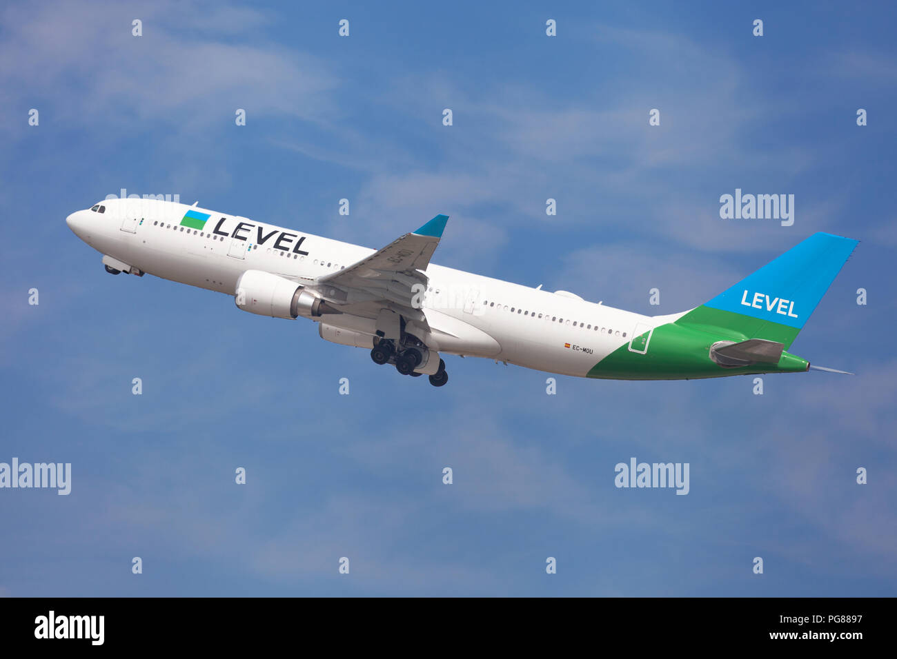 Barcelona, Spain - August 21, 2018: Level Airbus A330-200 taking off from El Prat Airport in Barcelona, Spain. Stock Photo