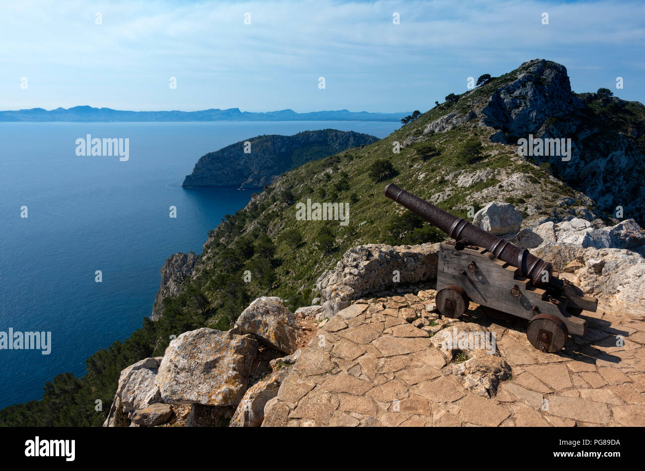 Old cannon.Penya Roja peak.Alcudia.Mallorca Island.Spain Stock Photo