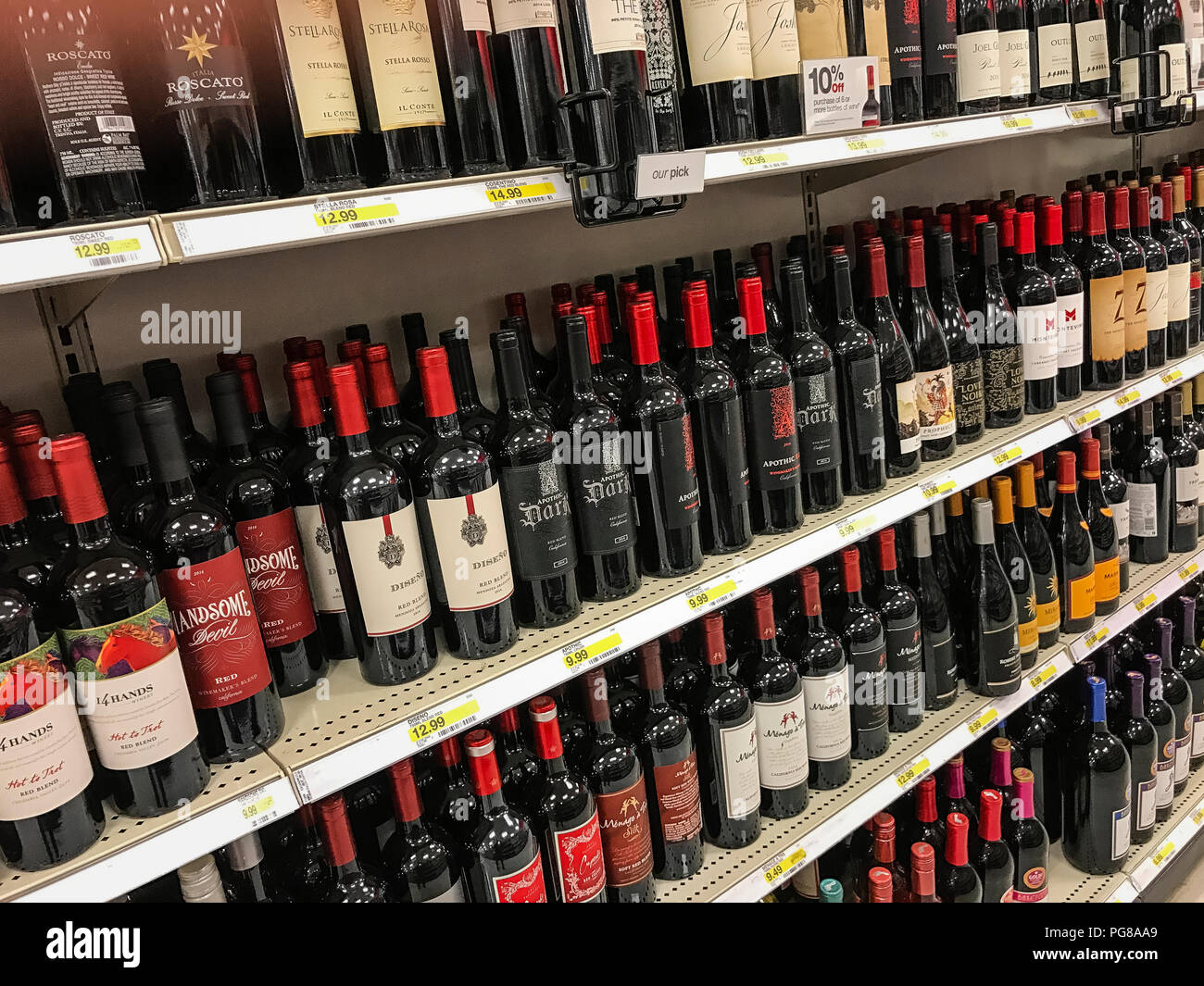 Wine bottle display in a wine store, Marlton, New Jersey, USA. Stock Photo