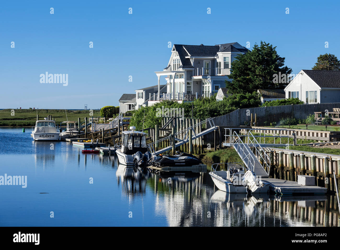 Charming canal waterfront house, West Dennis, Cape Cod, massachusetts, USA. Stock Photo
