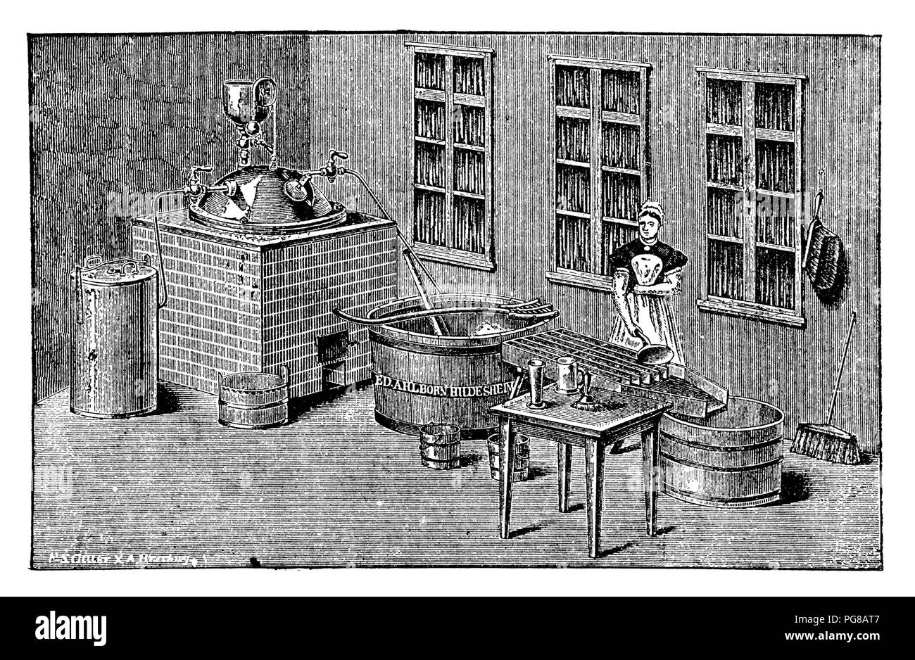 Cheese kitchen for Limburger cheese, kettle by ED Ahlborn, Hildesheim, F. Schiller X.A.  1889 Stock Photo
