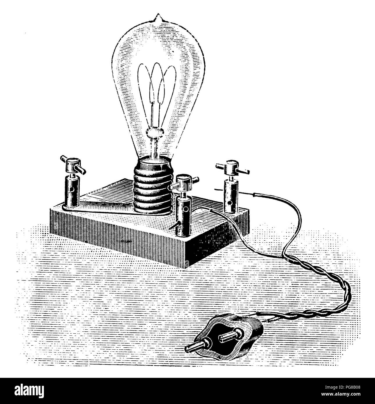 Circuit with light bulb: physical experiment,   1890 Stock Photo