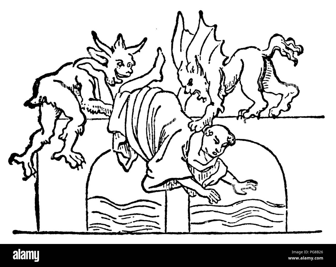 An uncut monk is thrown into the Tiber by two devils. Illustration of a medieval legend,   1923 Stock Photo