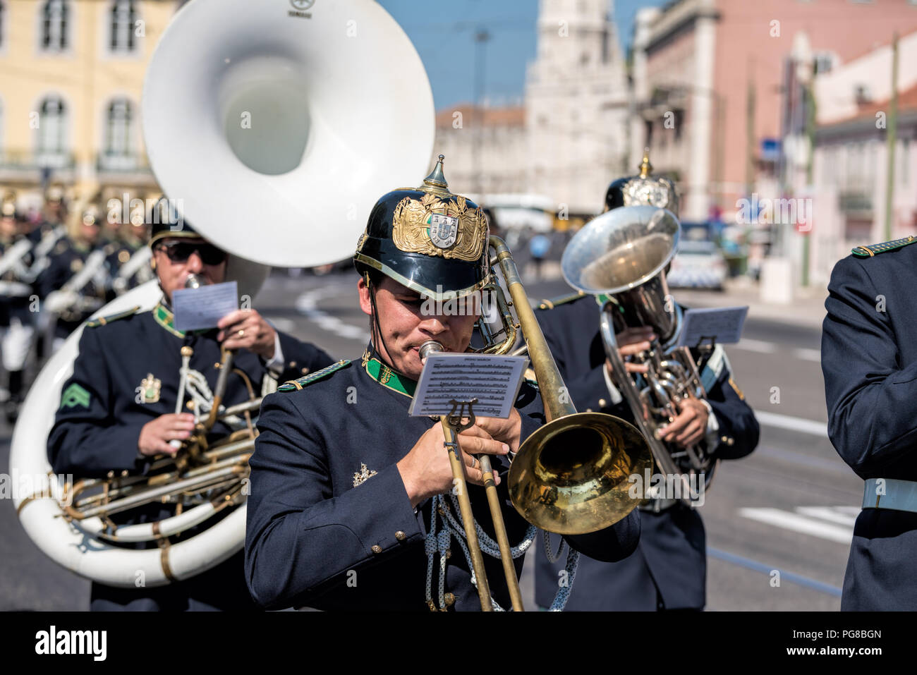 A member of the Portuguese National Guard's mounted brass band takes part in the ceremony of Changing the Guard at the Belem palace in Lisbon . Stock Photo