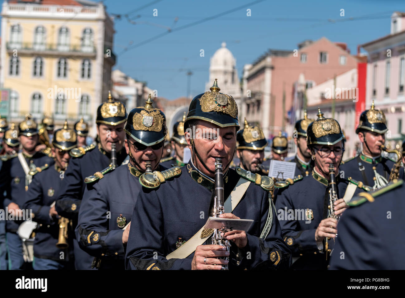 A member of the Portuguese National Guard's mounted brass band takes part in the ceremony of Changing the Guard at the Belem palace in Lisbon . Stock Photo