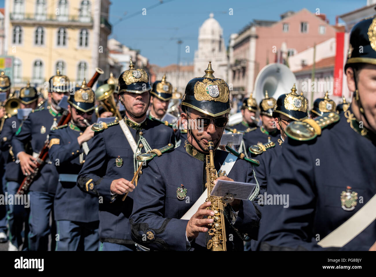 A member of the Portuguese National Guard's mounted brass band takes part in the ceremony of Changing the Guard at the Belem palace in Lisbon . Stock Photo