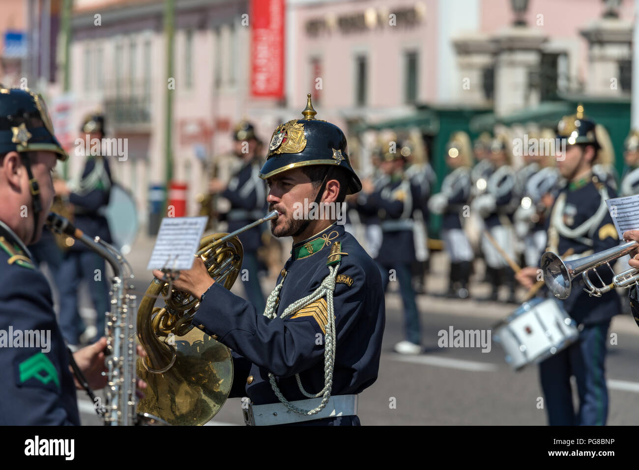 A member of the Portuguese National Guard's mounted brass band takes part in the ceremony of Changing the Guard at the Belem palace in Lisbon . Stock Photo