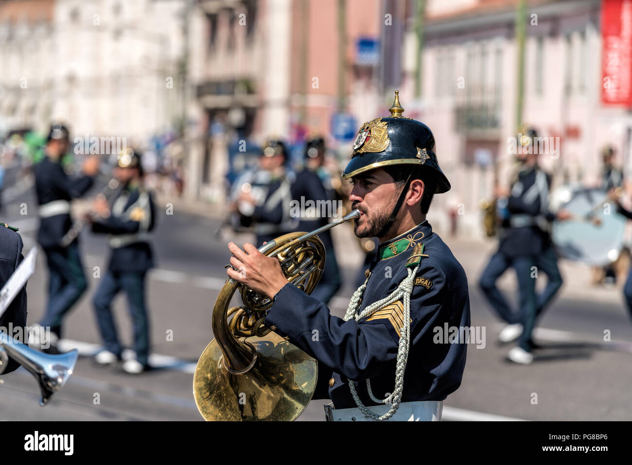 A member of the Portuguese National Guard's mounted brass band takes part in the ceremony of Changing the Guard at the Belem palace in Lisbon . Stock Photo