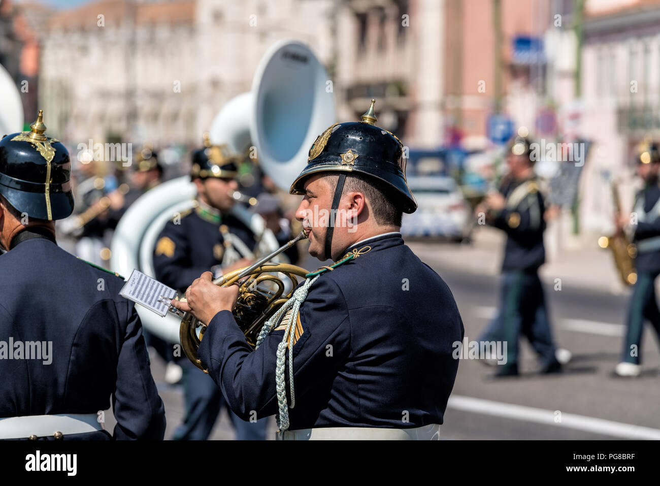 A member of the Portuguese National Guard's mounted brass band takes part in the ceremony of Changing the Guard at the Belem palace in Lisbon . Stock Photo