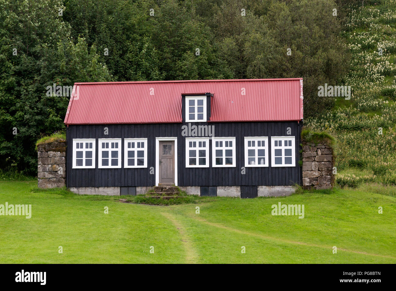 Buildings at Skogar Museum in Iceland. It has a cultural heritage collection of 15,000 regional artifacts in 6 historical buildings and 3 museums. Stock Photo