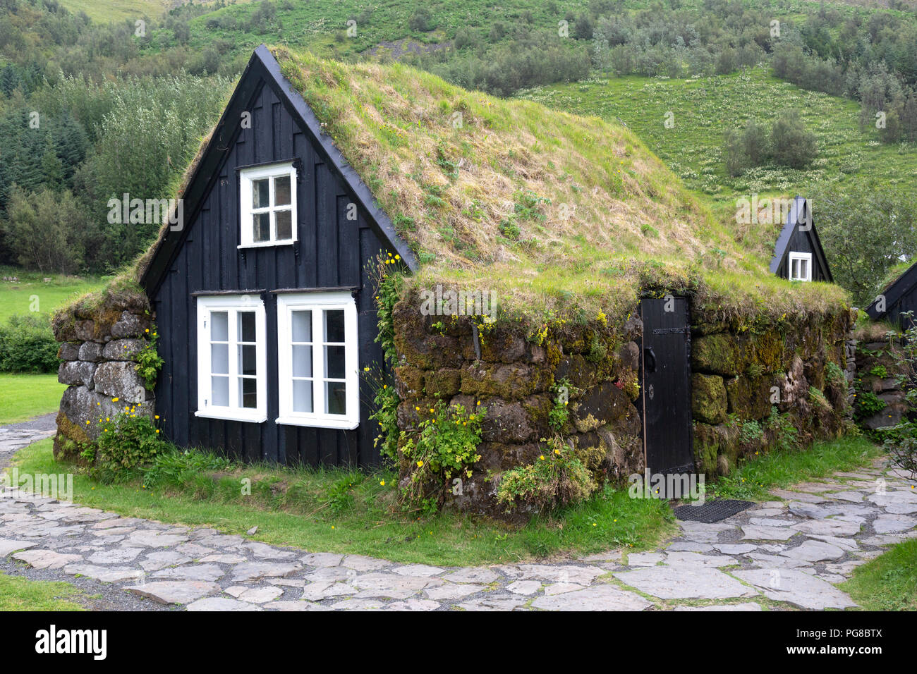 Buildings at Skogar Museum in Iceland. It has a cultural heritage collection of 15,000 regional artifacts in 6 historical buildings and 3 museums. Stock Photo