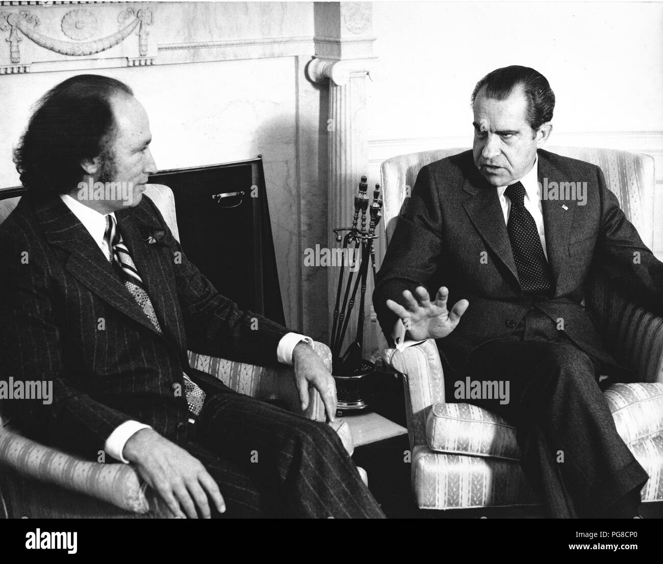 United States President Richard M. Nixon, right, meets Prime Minister Pierre Elliott Trudeau of Canada, left in the Oval Office of the White House in Washington, DC on December 6, 1971. The President consulted with the Prime Minister on his pending tcp to China. Trudeau is expected to be in Washington for two days and then return to Canada. Credit: Benjamin E. 'Gene' Forte / CNP  - NO WIRE SERVICE - | usage worldwide Stock Photo