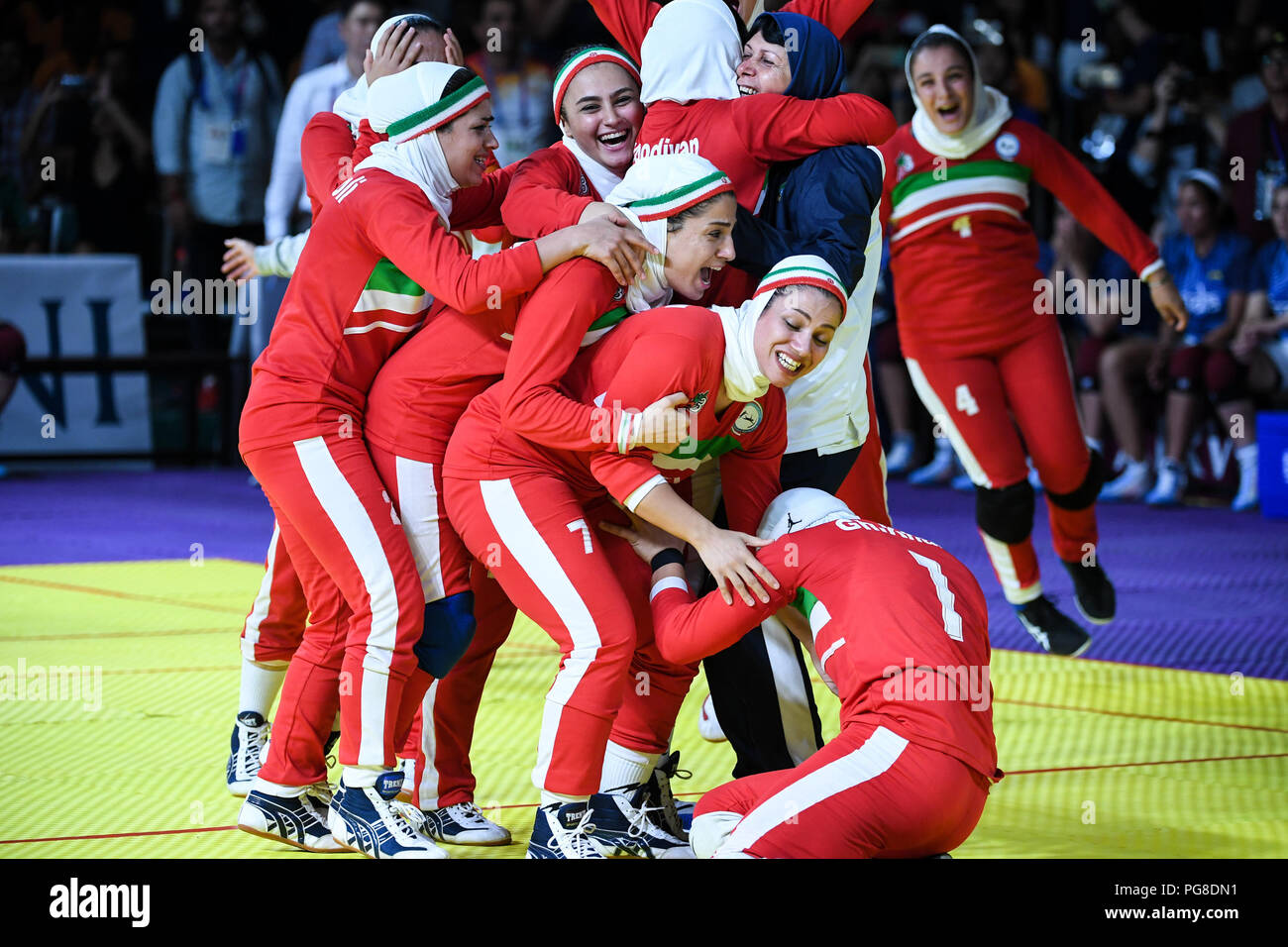Jakarta. 24th Aug, 2018. Players of Iran celebrate after kabaddi women
