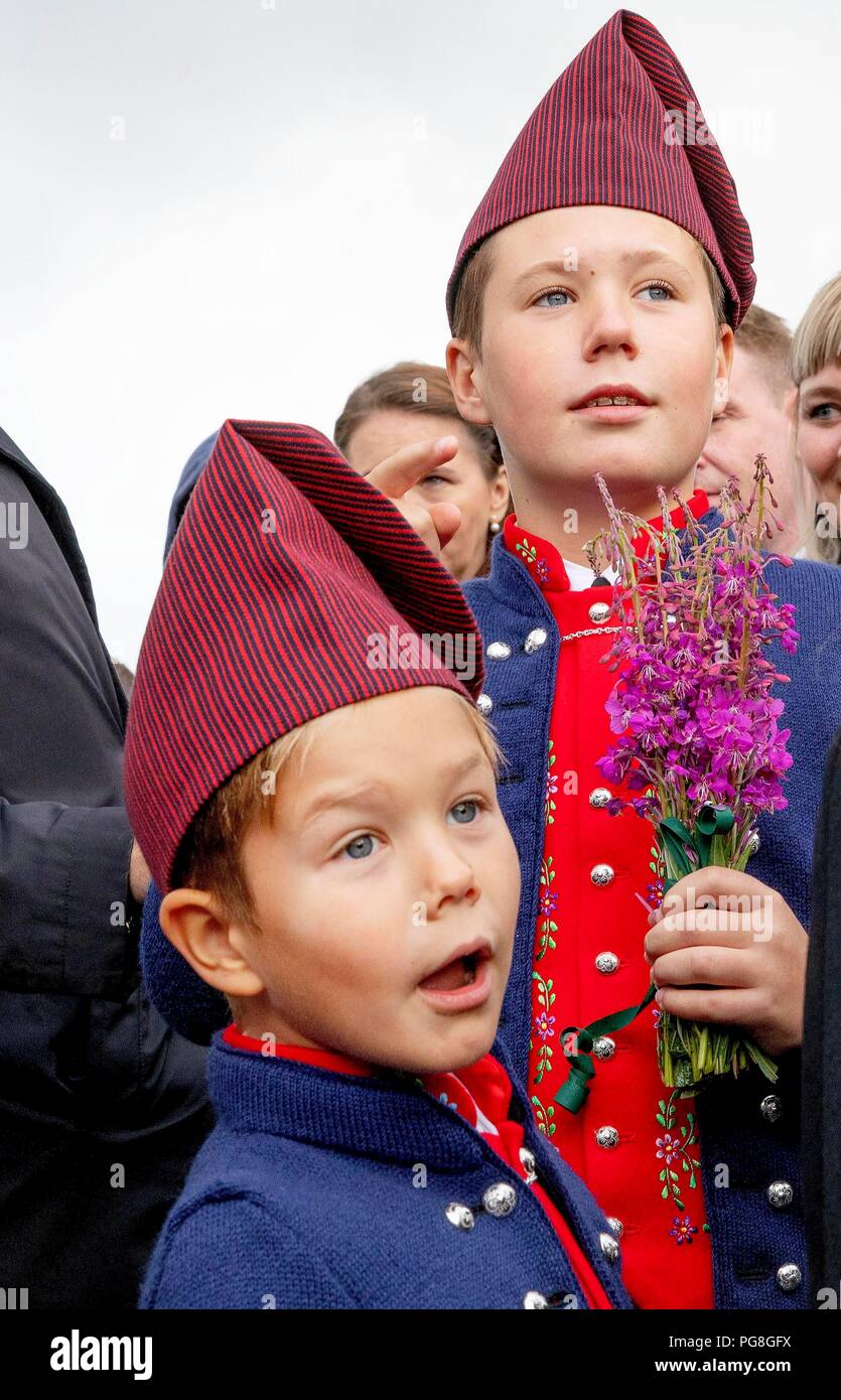 Faroe Islands. 24th Aug, 2018. Prince Christian and Prince Vincent of Denmark walk from the harbour to the centre of Klaksv?k, on August 24, 2018, on the 2nd of the 4 days visit to the Faroe Islands Photo : Albert Nieboer/ Netherlands OUT/Point de Vue OUT | Credit: dpa picture alliance/Alamy Live News Stock Photo
