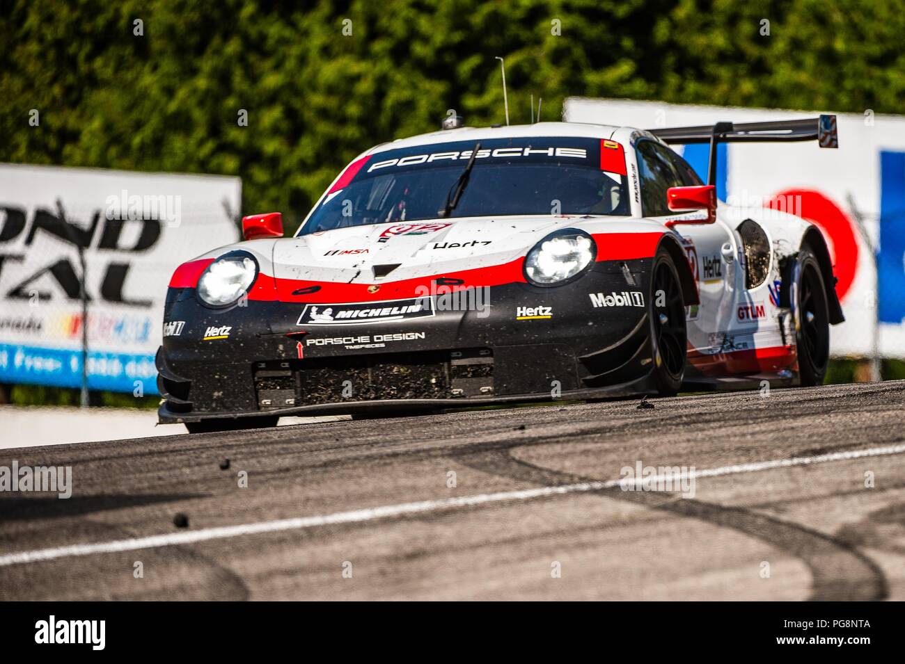 Bowmanville, CAN., 08 Jul 2018. 8th July, 2018. The number 912 Porsche 911 RSR, driven by the team of Laurens Vanthoor and Earl Bamber, in the GT Le Mans series, navigate the hairpin number 5 Moss corner on 08 of July, 2018 at Canadian Tire Motorsport Park during the Mobil 1 SportsCar Grand Prix weekend. Credit: Victor Biro/ZUMA Wire/Alamy Live News Stock Photo