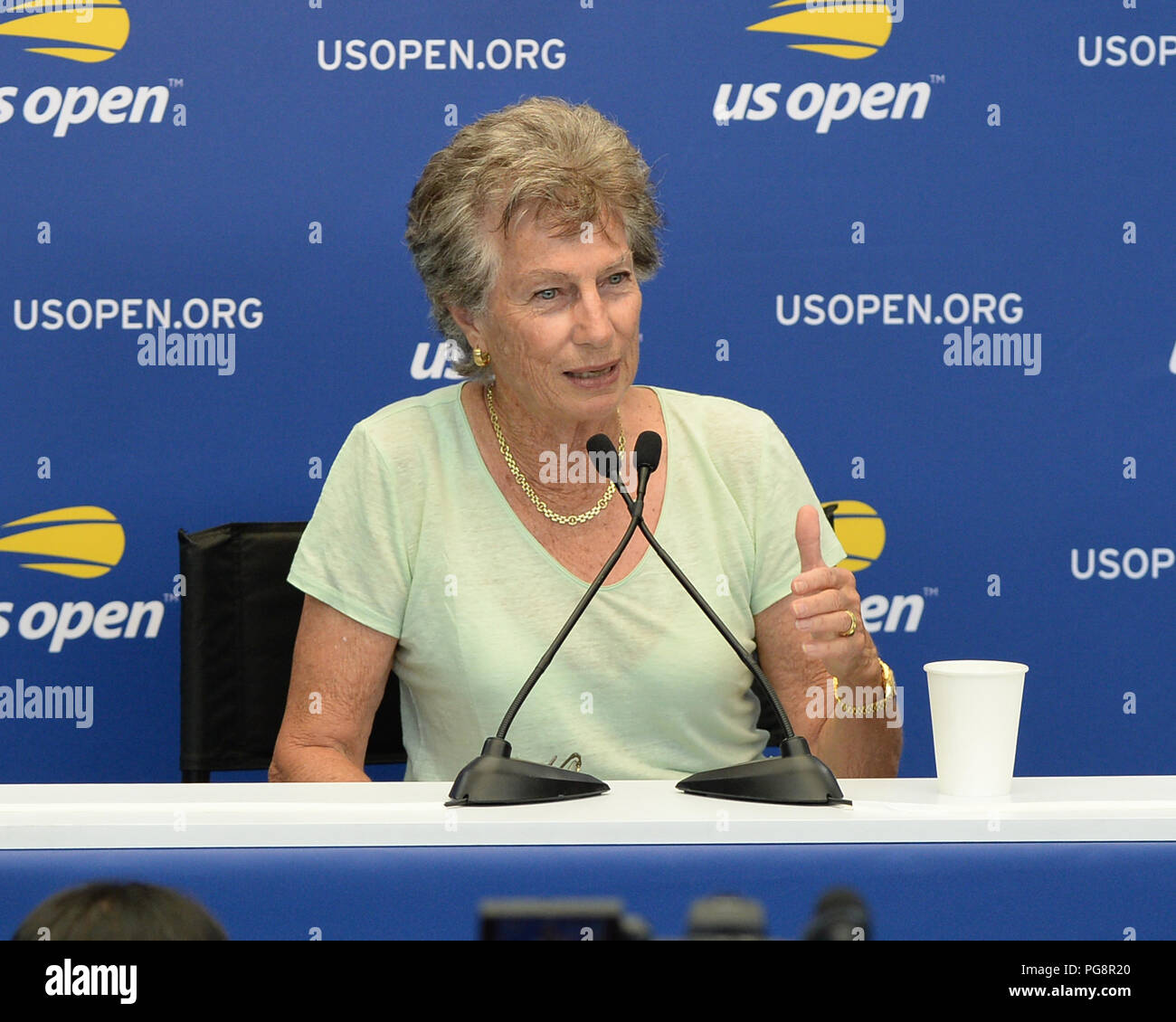 Flushing NY, USA. 24th Aug, 2018. Virginia Wade attends Media Day on Louis Armstrong Stadium at the USTA Billie Jean King National Tennis Center on August 24, 2018 in Flushing Queens. Credit: Mpi04/Media Punch ***No Ny Newspapers***/Alamy Live News Stock Photo