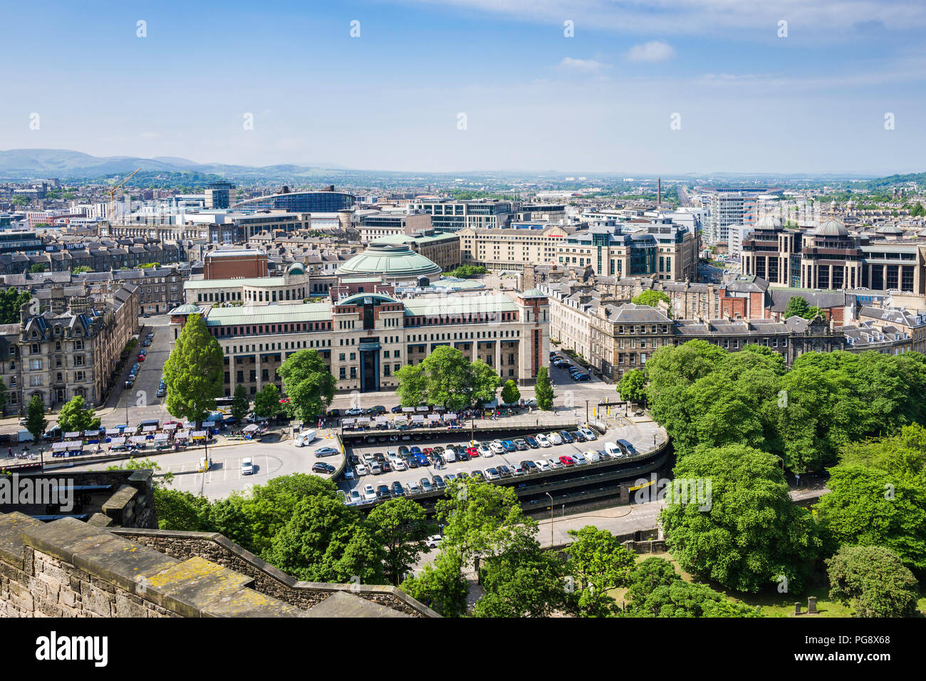 View southwest from Butts Battery, Edinburgh Castle, Edinburgh, Scotland.  Buildings of Castle Terrace and Usher Hall are visible. Stock Photo