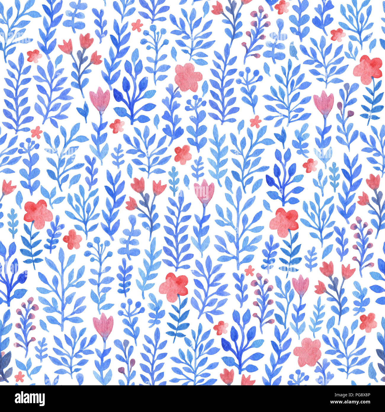 Watercolor floral seamless pattern with blue flowers and leaves on a ...