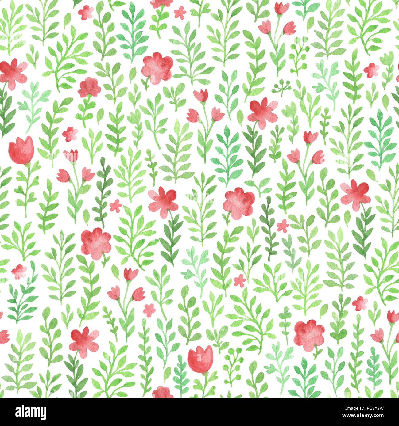 Watercolor floral seamless pattern with green flowers and leaves on a ...