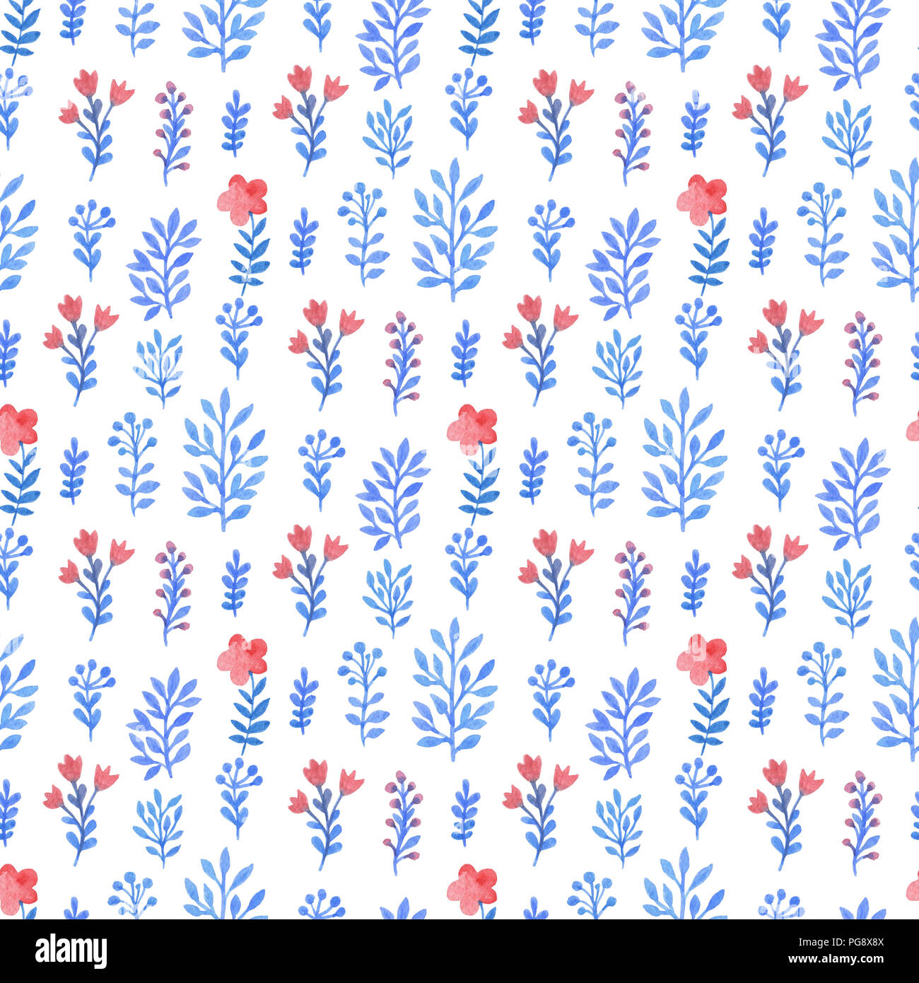 Watercolor floral seamless pattern with blue flowers and leaves on a ...