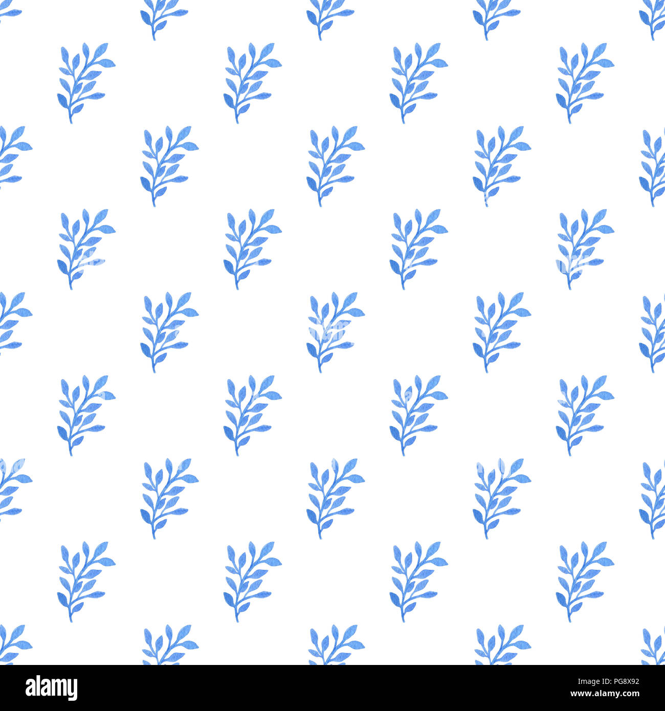 Watercolor floral seamless pattern with blue leaves on a white ...