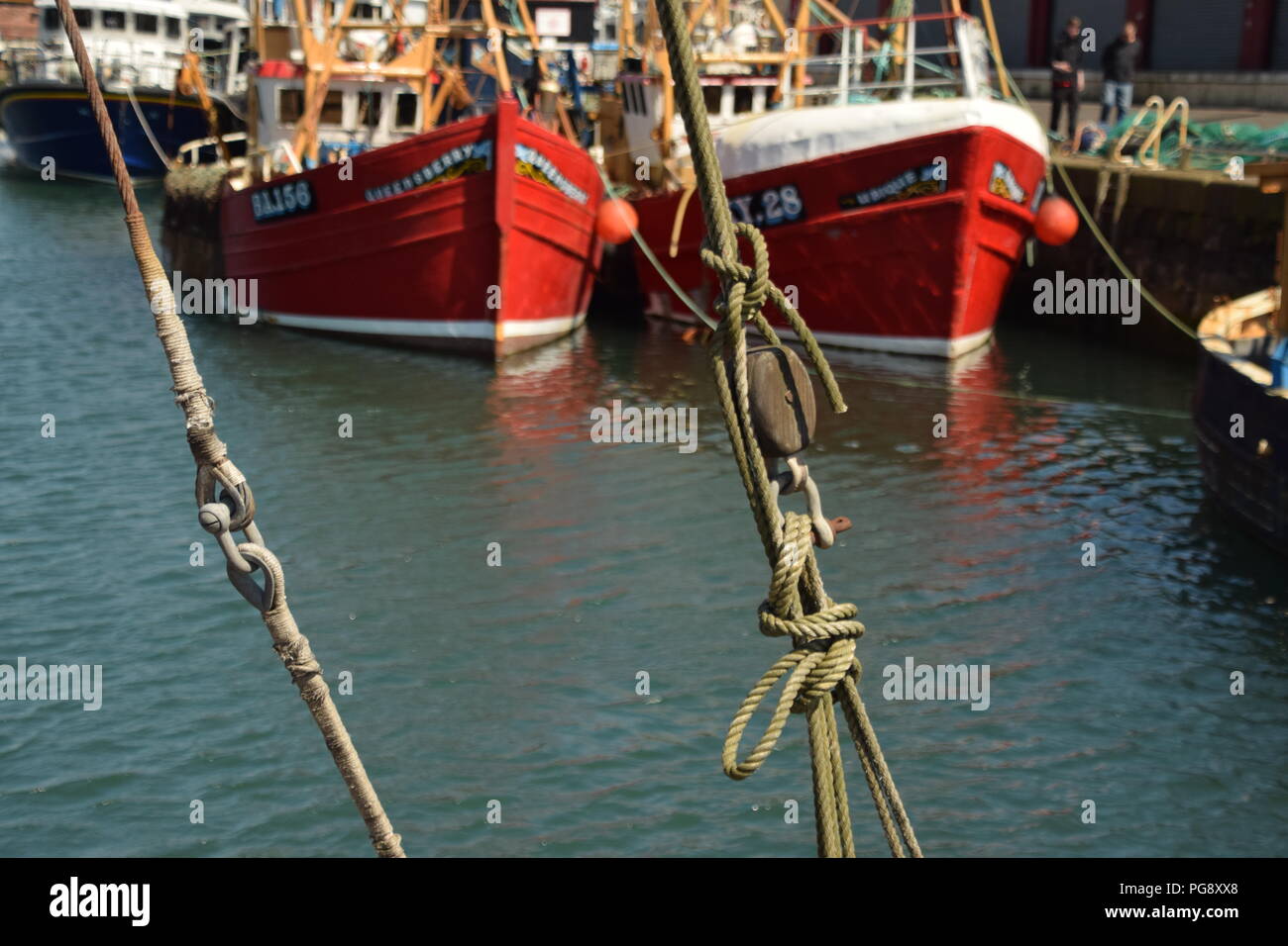 Red trawlers fishing boats in Arbroath harbour Scotland Stock Photo