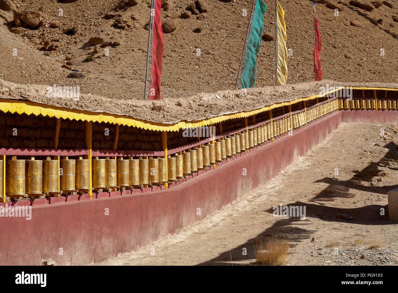 Prayer wheels. Guru Gyem Gompa is one of the largest and most important Bon-po gompas in Tibet. China. Stock Photo