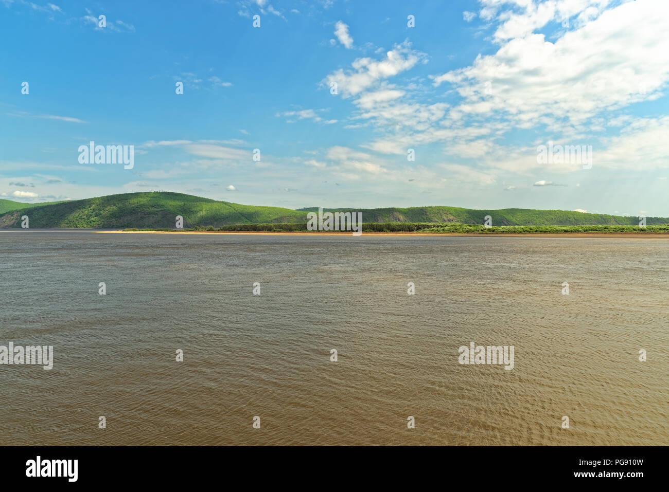 Panoramic view of Amur river and forested hills in the opposite shore, Komsomolsk-on-Amur, Russia Stock Photo