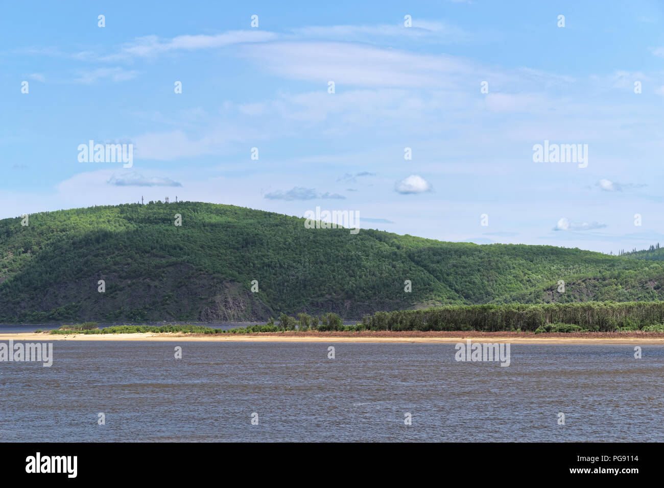 Panoramic view of Amur river and forested hills in the opposite shore, Komsomolsk-on-Amur, Russia Stock Photo