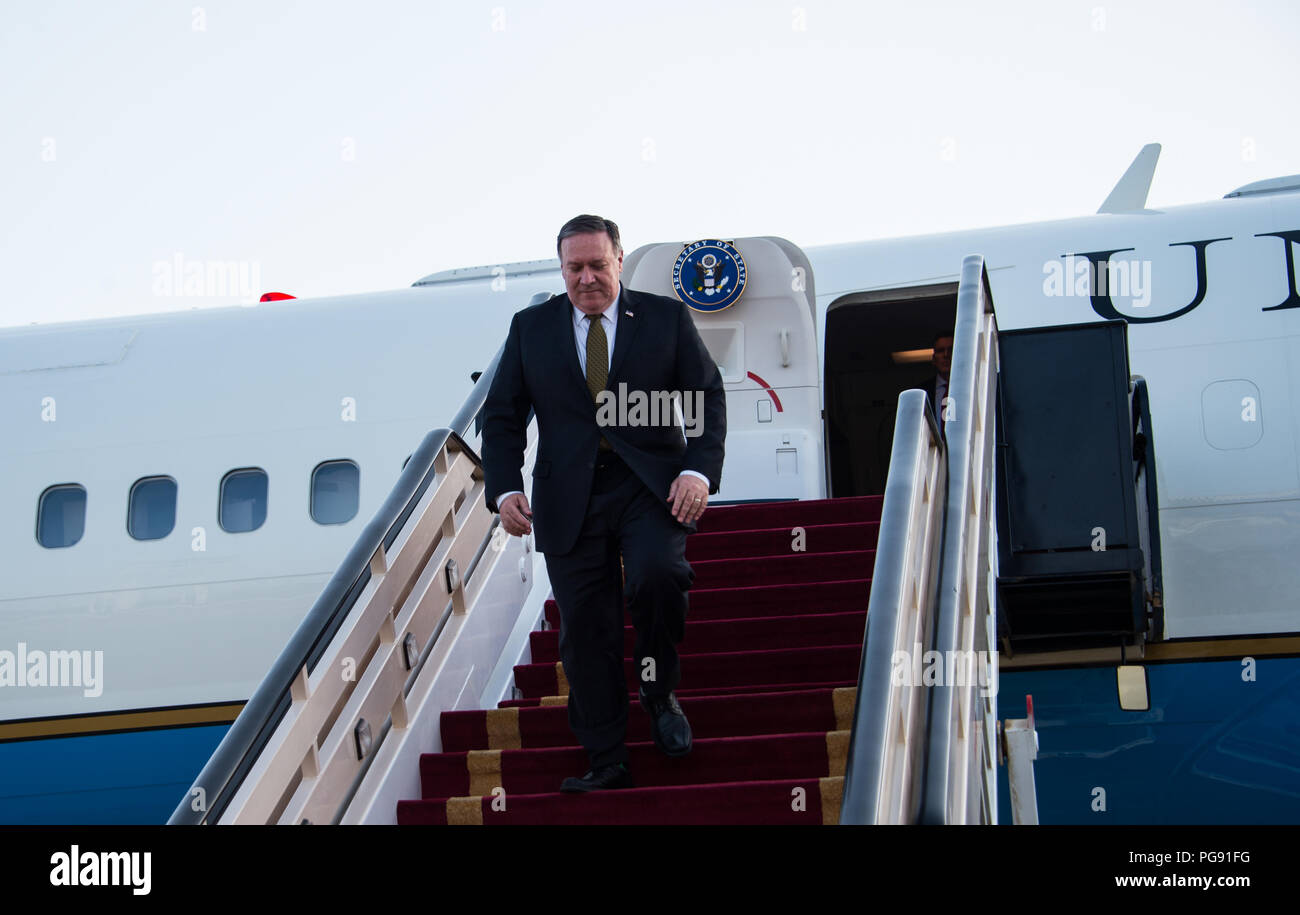 U.S. Secretary Mike Pompeo arrives in Riyadh, Saudi Arabia, on April 28, 2018, for meetings critical regional and bilateral issues. Stock Photo