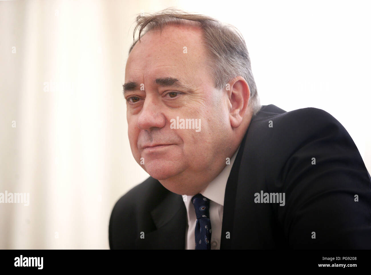 The former first minister of Scotland Alex Salmond speaking to the media at the Champany Inn in Linlithgow, West Lothian, after he launched a legal action to contest the complaints process that was activated against him following allegations about his conduct towards two staff members in 2013 - while he was in office. Stock Photo