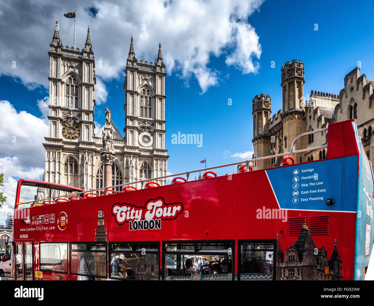 London Tour Bus in front of Westminster Abbey in Central London Stock Photo
