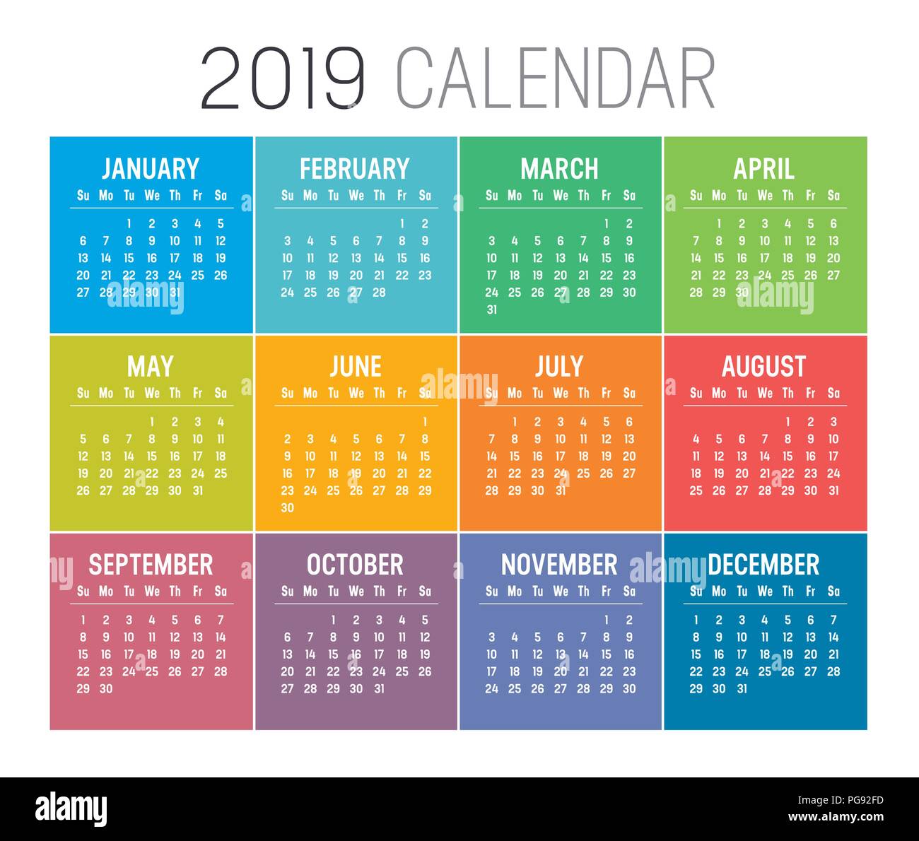 Colorful year 2019 calendar isolated on a white background Stock Vector