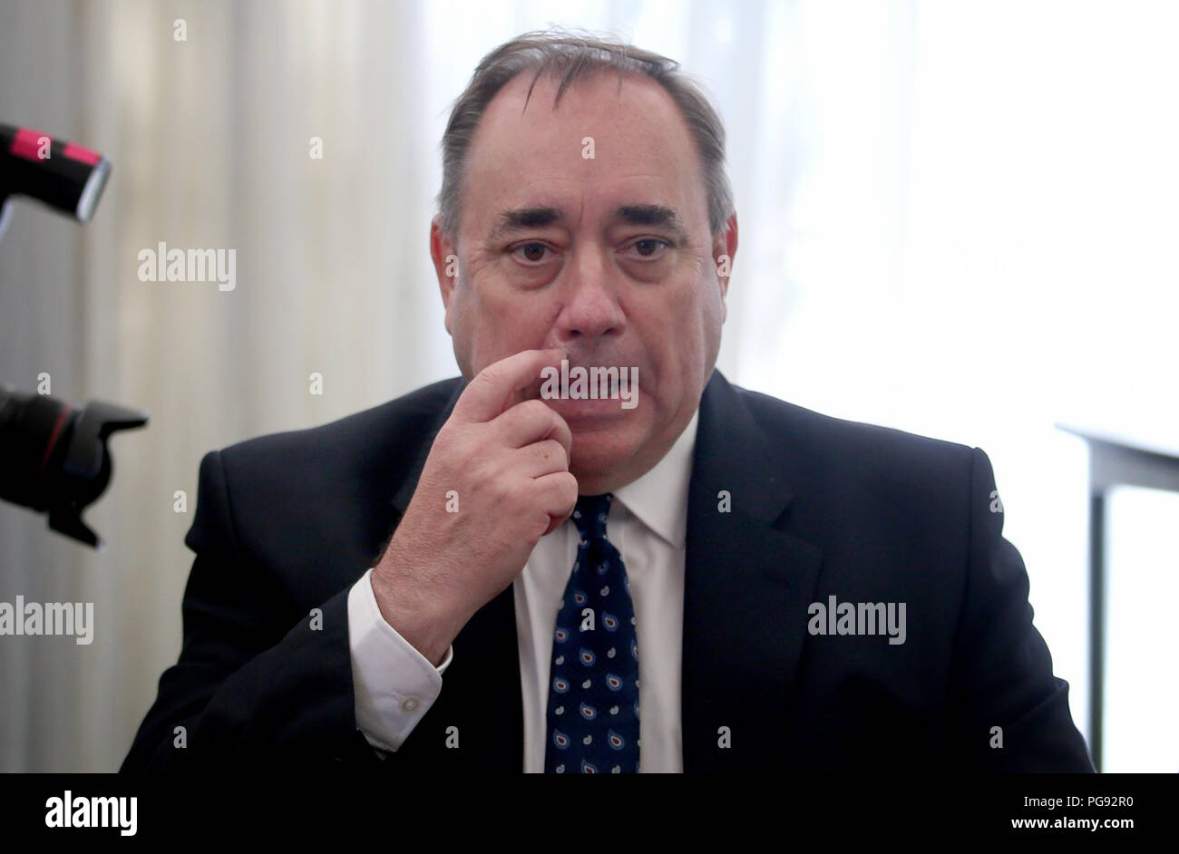 The former first minister of Scotland Alex Salmond speaking to the media at the Champany Inn in Linlithgow, West Lothian, after he launched a legal action to contest the complaints process that was activated against him following allegations about his conduct towards two staff members in 2013 - while he was in office. Stock Photo