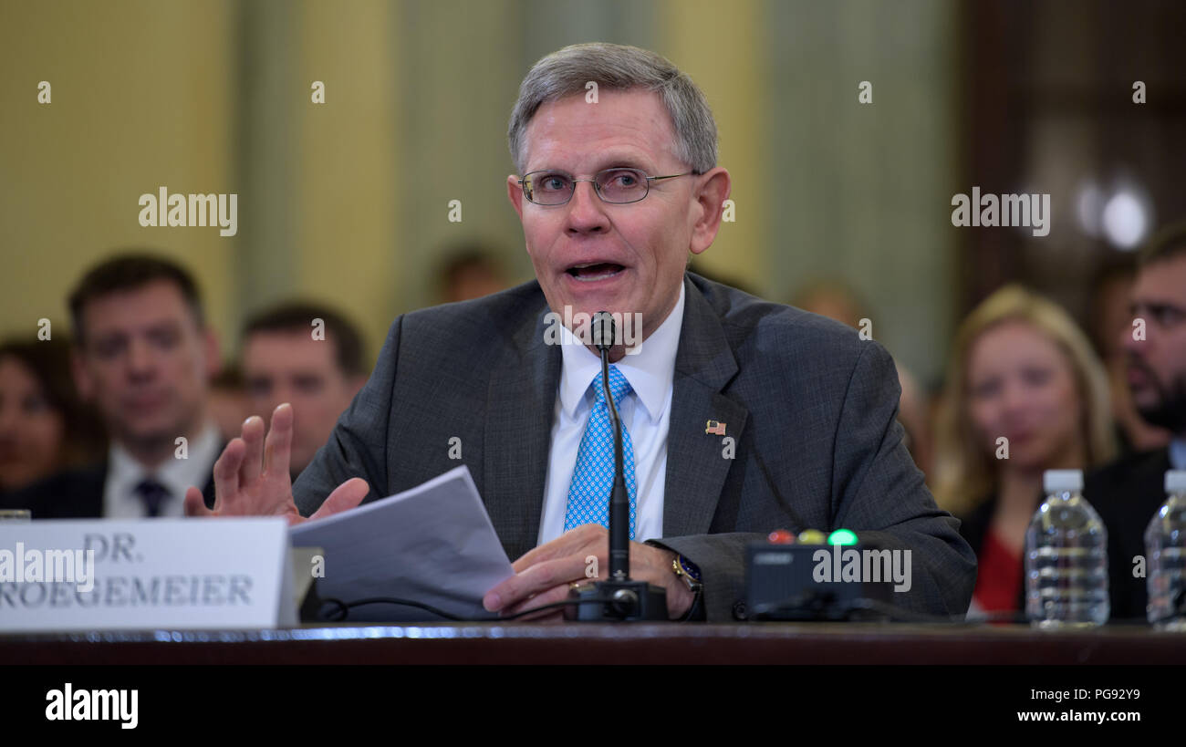 Dr. Kelvin Droegemeier of Oklahoma appears before the Senate Committee on Commerce, Science, and Transportation as the nominee to be the Director of the Office of Science and Technology Policy on Thursday, Aug. 23, 2018 in the Russell Senate Office Building in Washington. Stock Photo