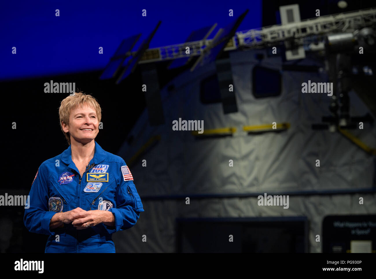 NASA astronaut Peggy Whitson is seen during an interview, Friday, March 2, 2018 at the Smithsonian's National Air and Space Museum in Washington. Whitson spent 288 days onboard the International Space Station as a member of Expedition 50, 51, and 52, conducting four spacewalks and contributing to hundreds of experiments in biology, biotechnology, physical science and Earth science during her stay. Stock Photo