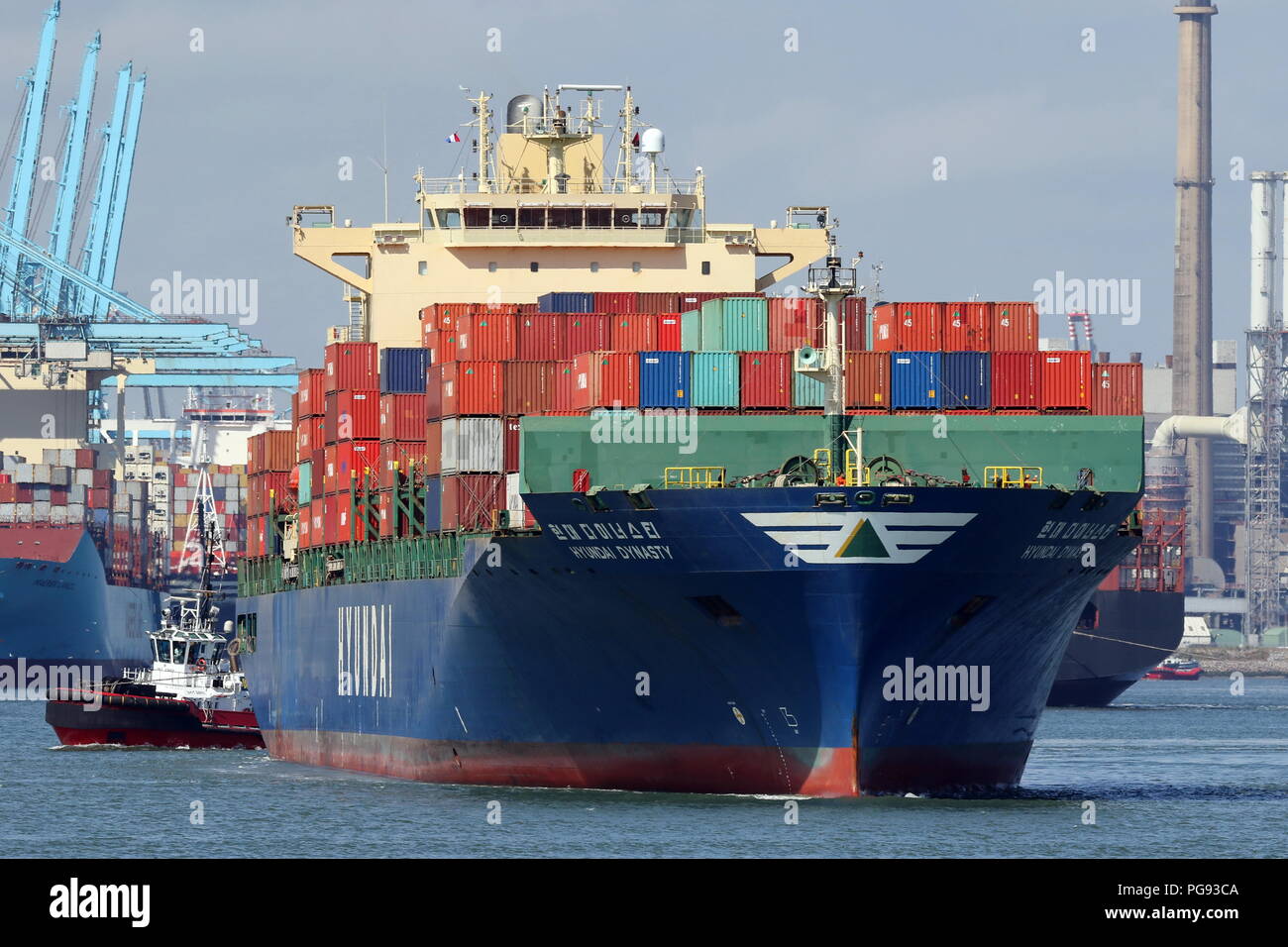 The container ship Hyundai Dynasty leaves the port of Rotterdam on July 13, 2018. Stock Photo