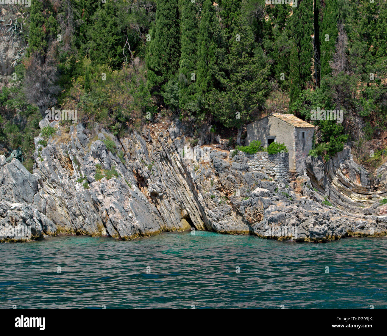Rocky coastline and hut on Mallorca in the Mediterranean Stock Photo