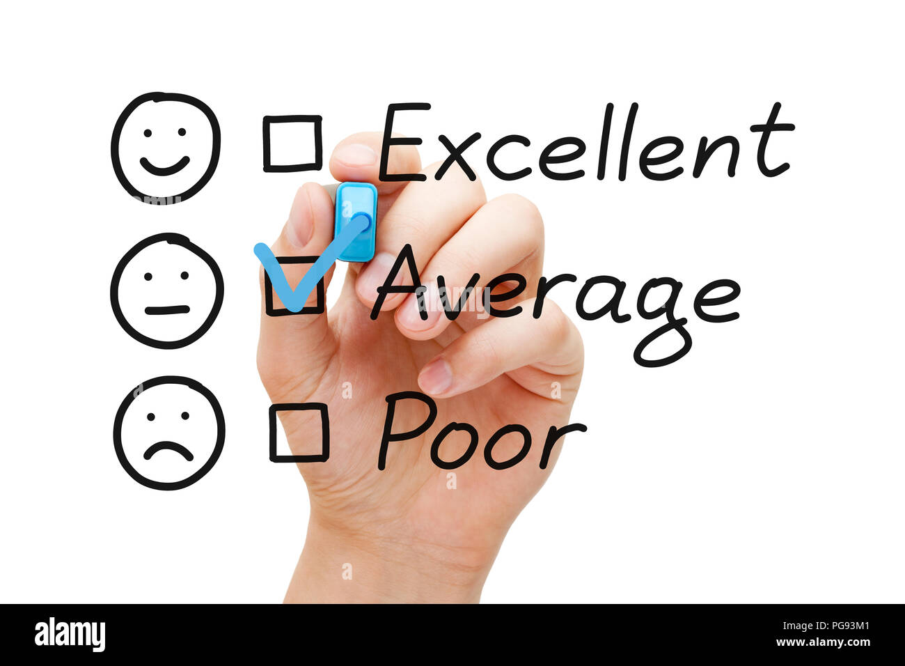 Hand putting check mark with blue marker on average customer service evaluation form. Stock Photo
