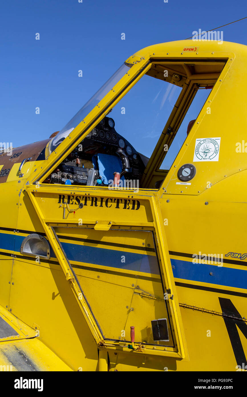 Yellow crop duster plane in a small airport in Pullman Washington Stock Photo