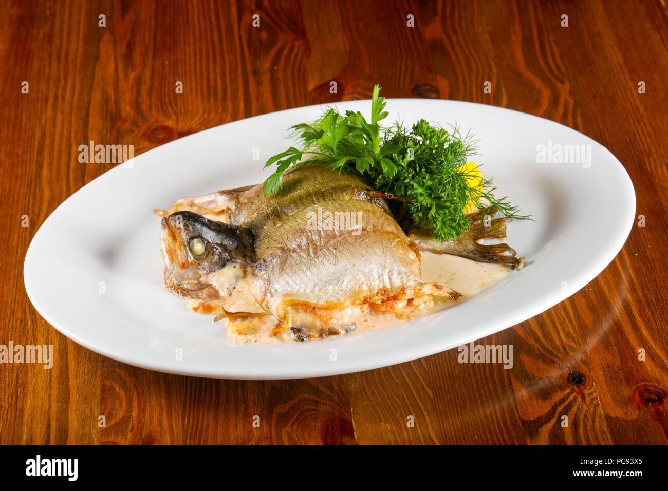 Stuffed trout with mushrooms and sauce Stock Photo Alamy