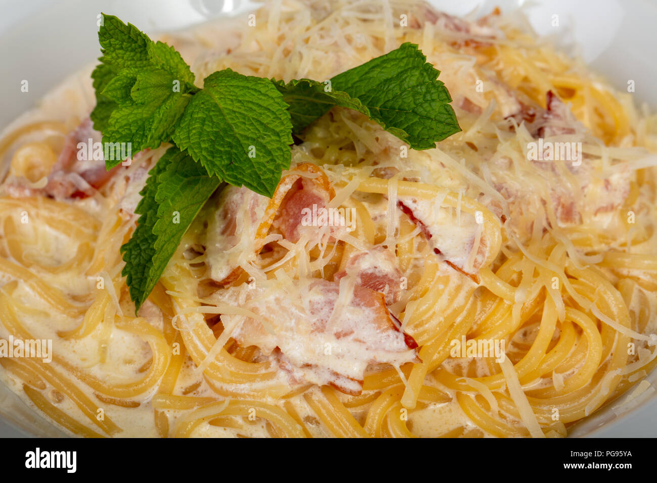 Pasta carbonara with bacon and cream Stock Photo Alamy