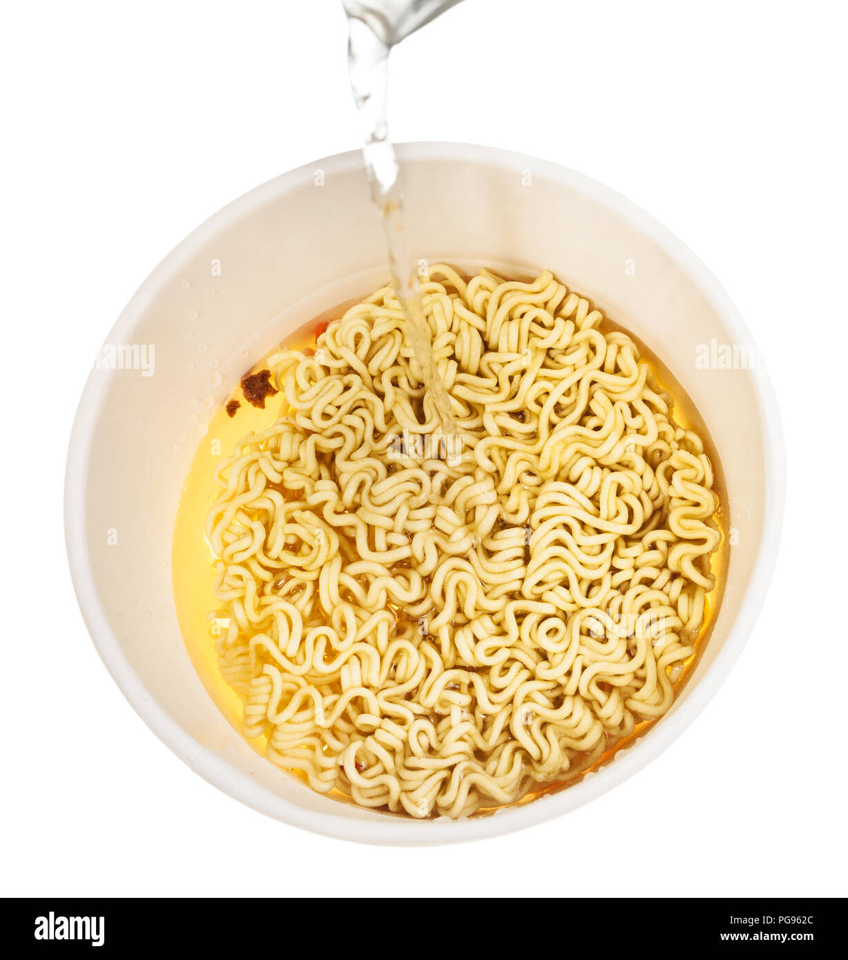 cooking instant noodles water trickle flows in cup with dried instant
