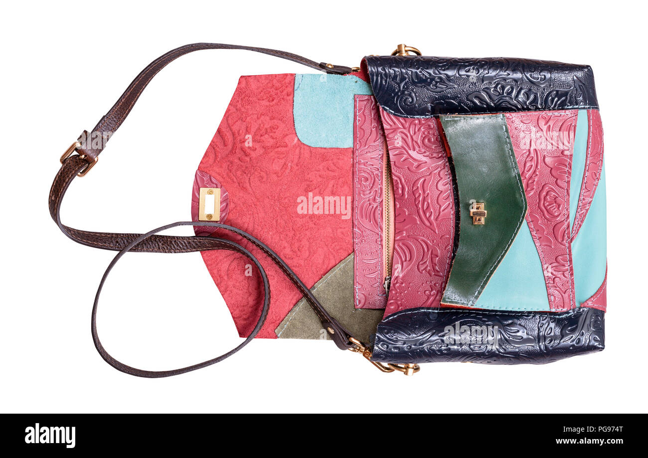 open patchwork embossed leather handbag isolated on white background Stock Photo