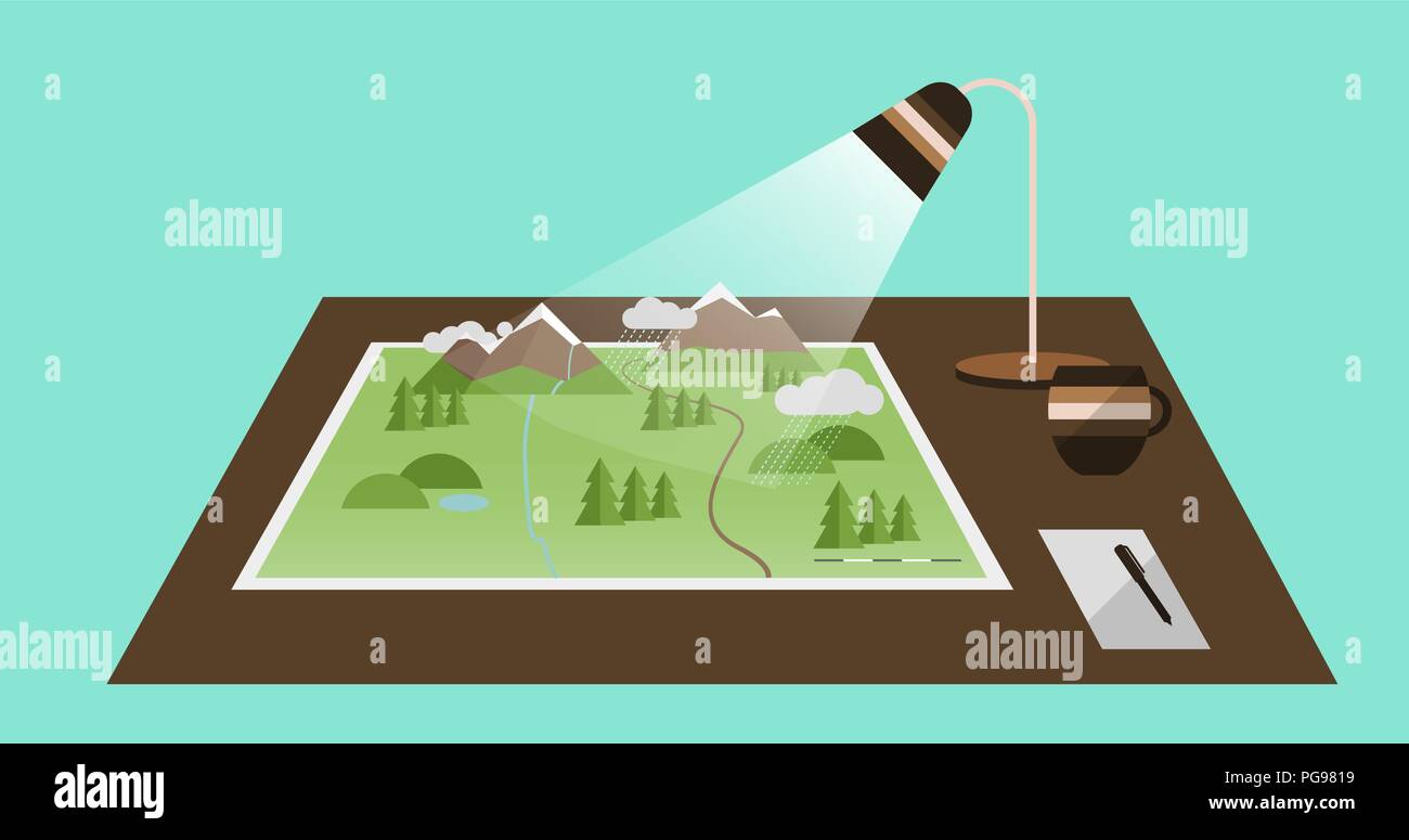 Vector Illustration. The Desk with a 3D Map, Lamp, Coffee Mug and Notes ...