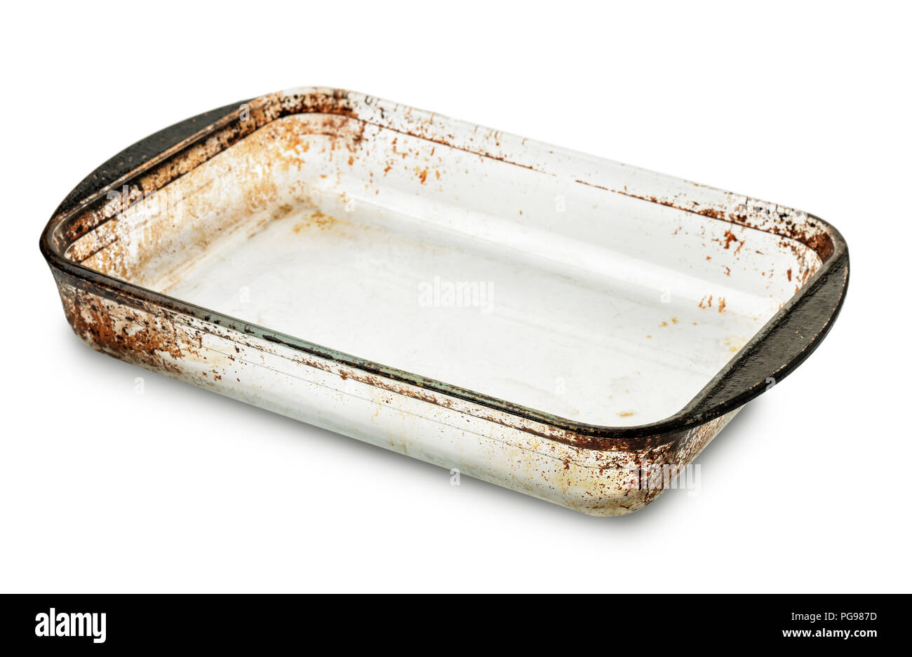Old empty glass  baking tray isolated on white Stock Photo