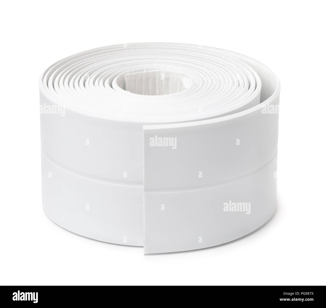 Roll of white adhesive flexible caulk strip isolated on white Stock Photo